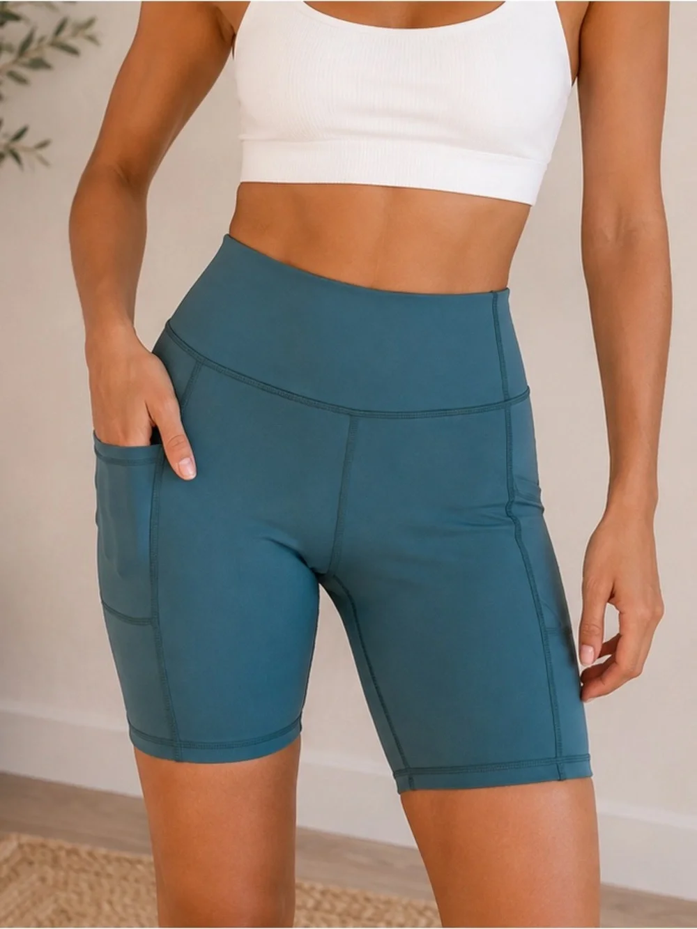 Teal | High Waisted | Biker Shorts with Pockets Athletic Yoga Shorts